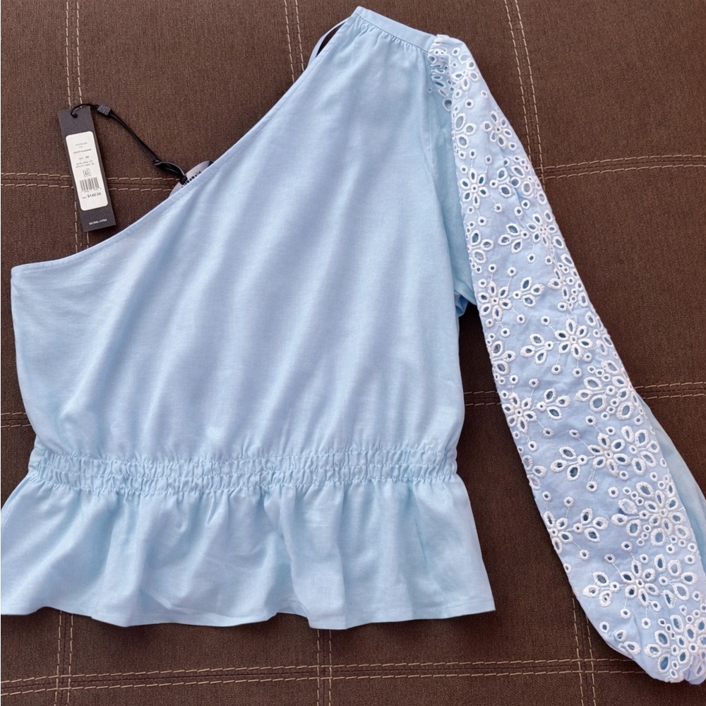 Nordstrom Powder Blue One-Shoulder Peplum Top with Embroidered Sleeve🩵